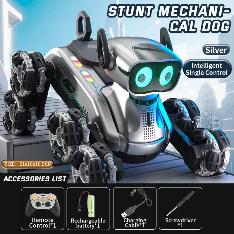 Interactive Robot Dog with Voice Recognition - Educational Smart Pet for Kids, STEM Learning Toy Double Eight-Wheel Robot Dog Silver Single Remote Control [Standard with 1 Battery]