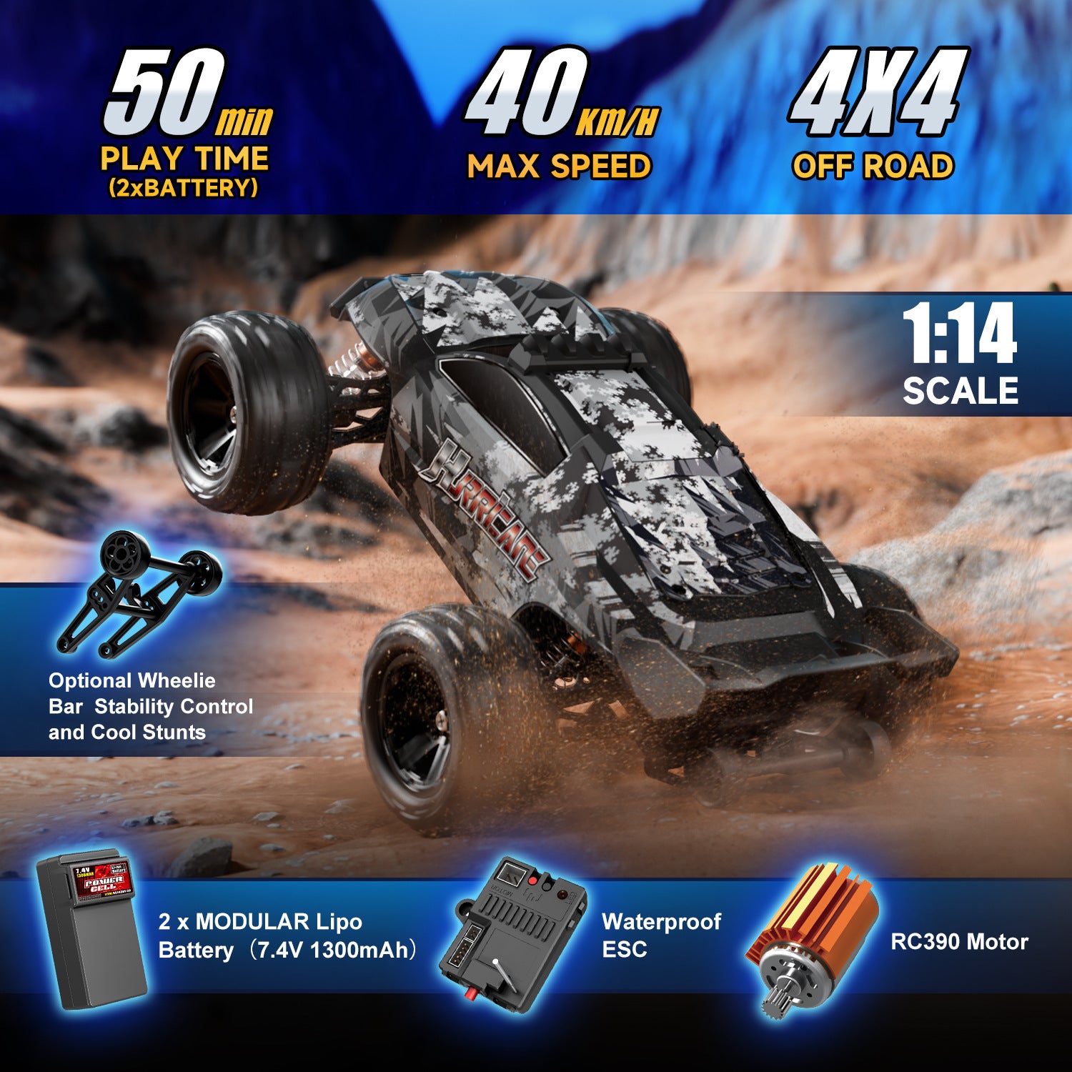 1/14 Scale Brushed Off-Road RC Car - 35KM/H 4WD All-Terrain Truck with 2.4G Proportional Control