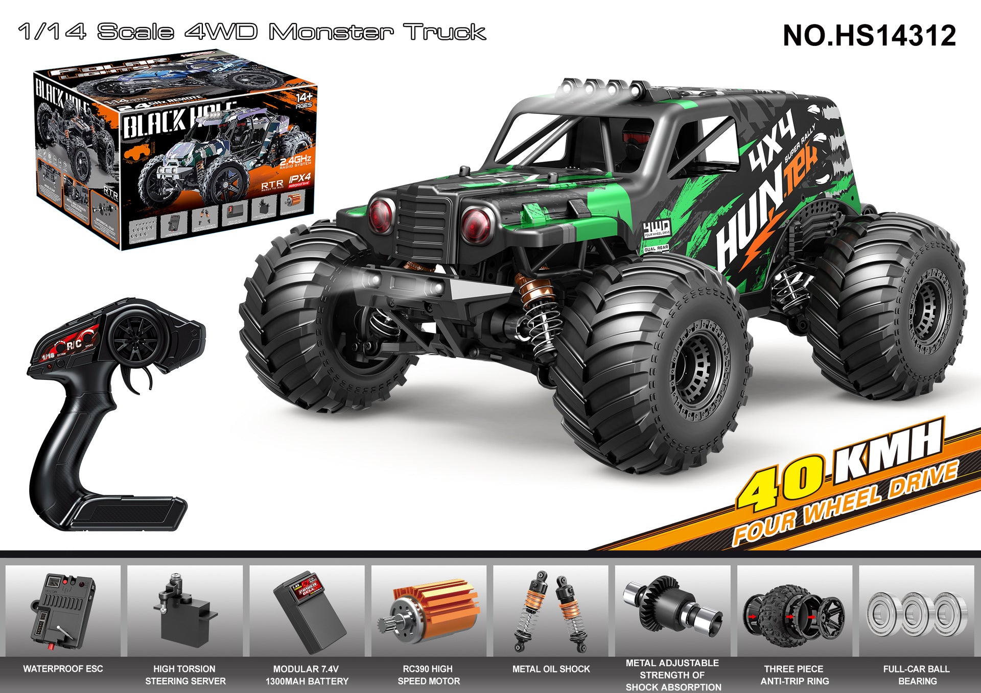 1/14 Scale 70KM/H Brushless Monster Truck - 4WD Off-Road RC Car with Oil Shocks & Anti-Flip Cage HS14312 Brushed Version 40KM H 1:14