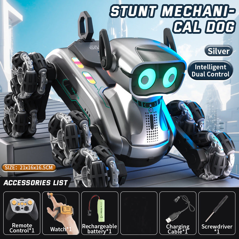 Interactive Robot Dog with Voice Recognition - Educational Smart Pet for Kids, STEM Learning Toy Double Eight-Wheel Robot Dog Silver Dual Remote Control [Standard Configuration with 1 Battery]