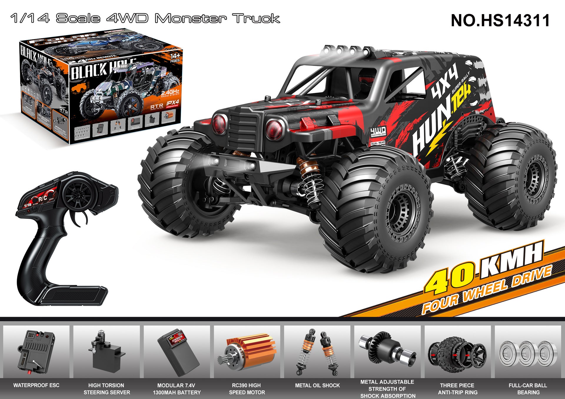 1/14 Scale 70KM/H Brushless Monster Truck - 4WD Off-Road RC Car with Oil Shocks & Anti-Flip Cage HS14311 Brushed Version 40KM H 1:14
