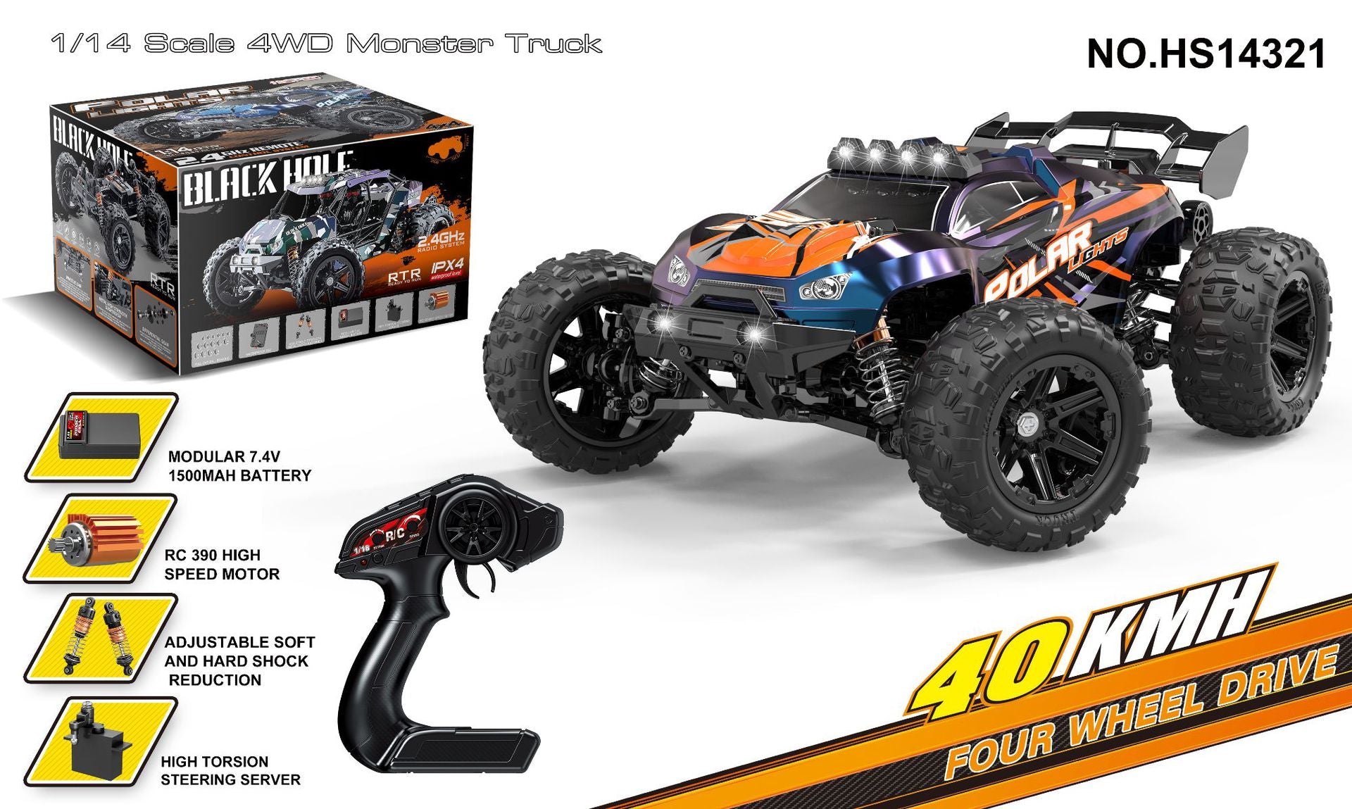 1/14 Scale Brushed Off-Road RC Car - 35KM/H 4WD All-Terrain Truck with 2.4G Proportional Control HS14321 Brushed Version 40KM H 1:14