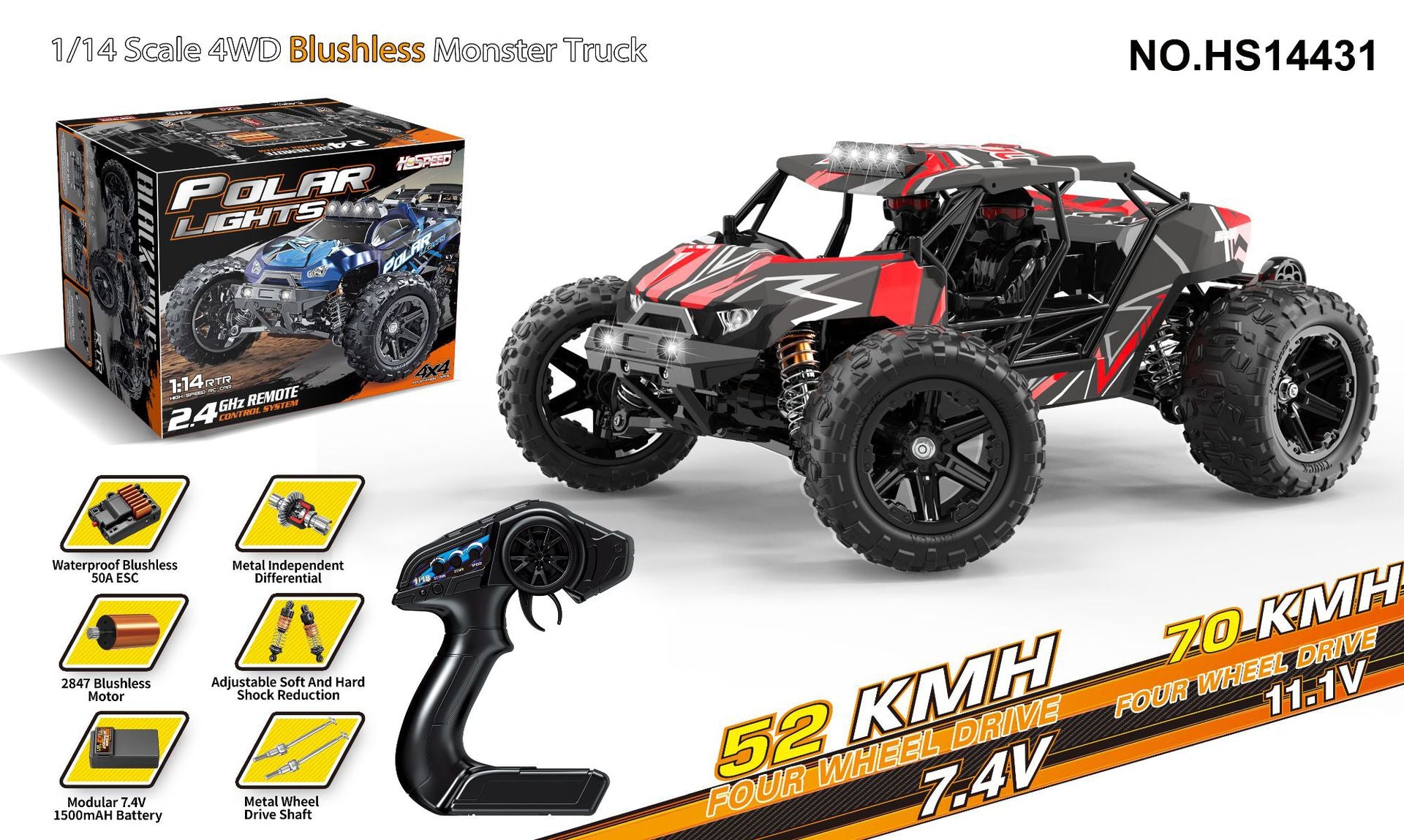 1/18 Scale Brushless Off-Road RC Truck - 45KM/H 4WD Rock Crawler with Oil Shocks HS14431 brushless version 52-70KM H