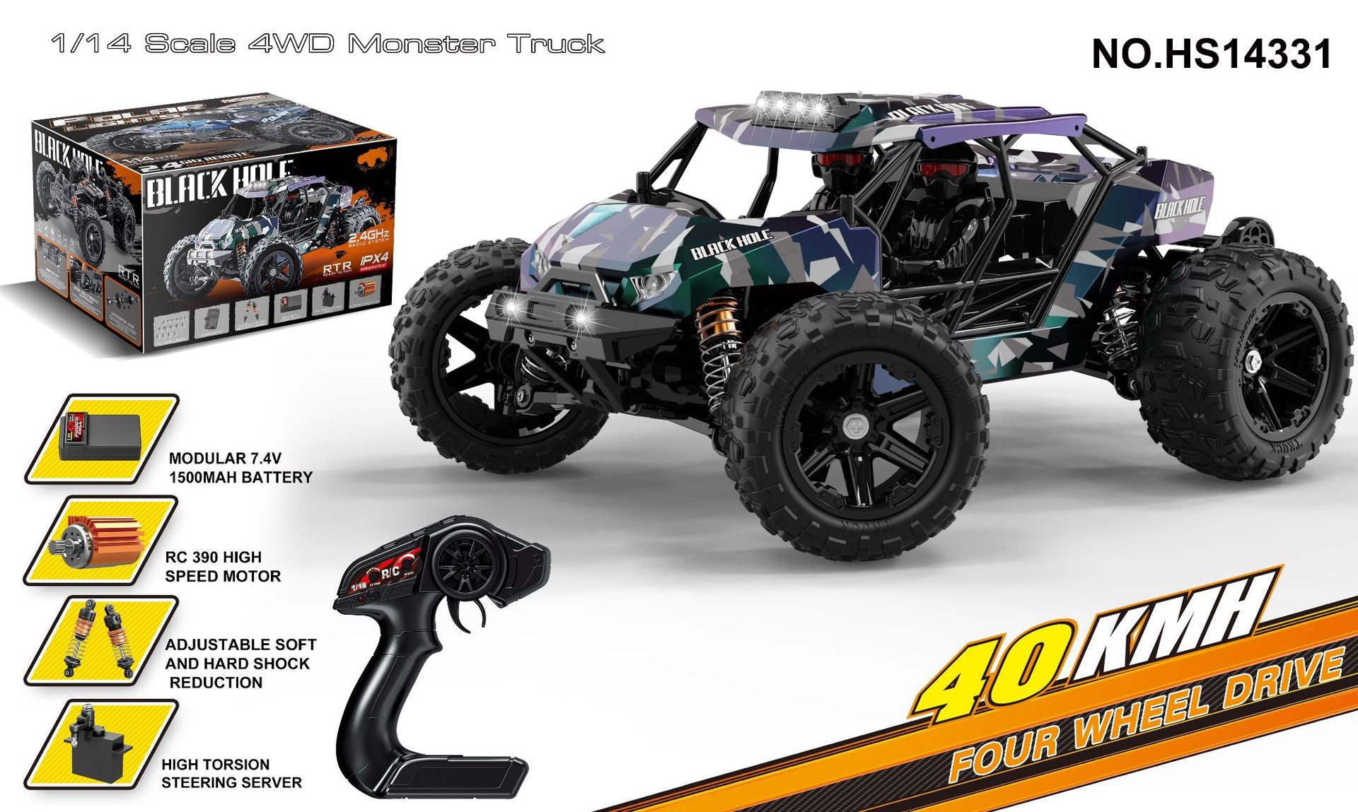 1/18 Scale Brushless Off-Road RC Truck - 45KM/H 4WD Rock Crawler with Oil Shocks HS14331 Brushed Version 40KM H