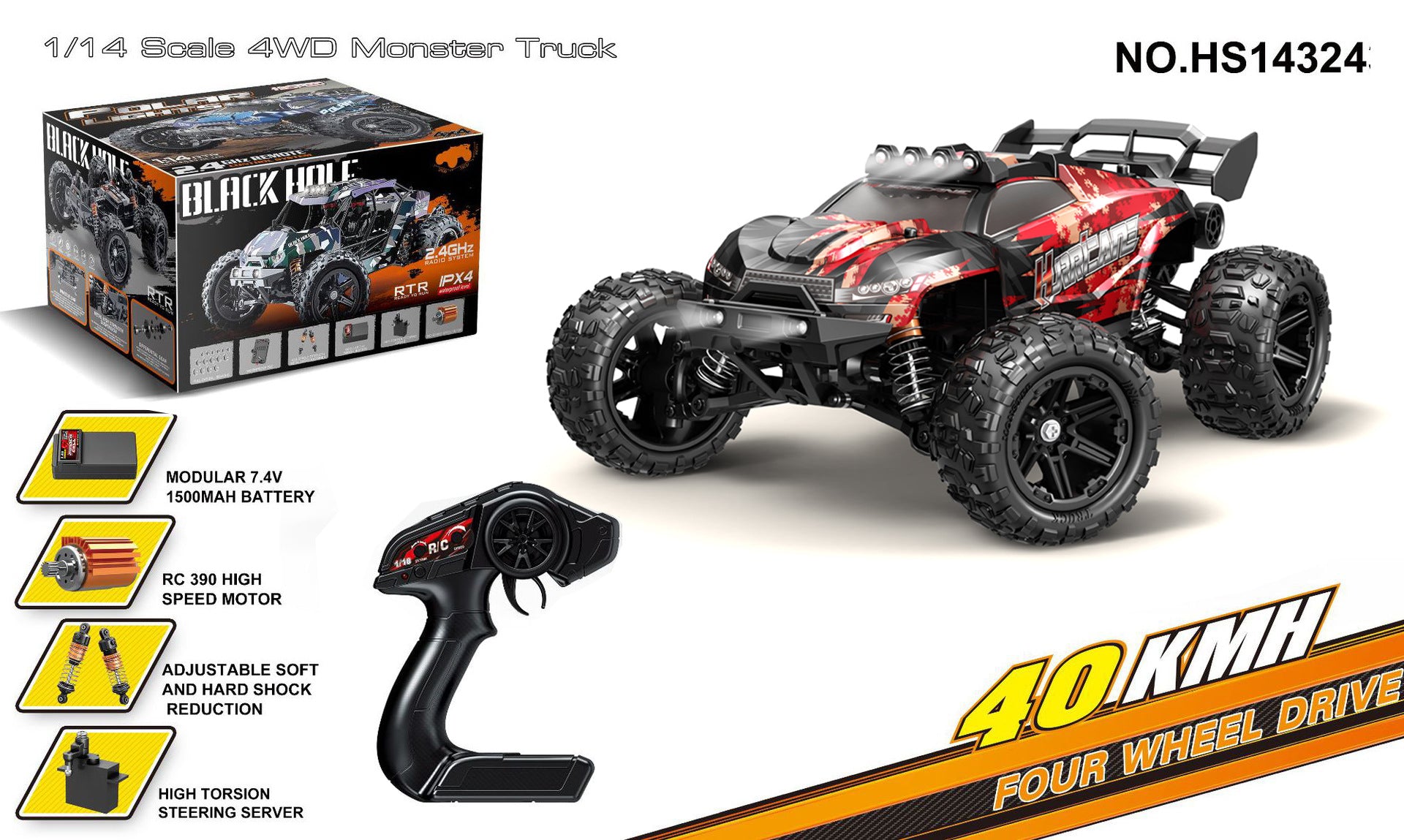 1/14 Scale Brushed Off-Road RC Car - 35KM/H 4WD All-Terrain Truck with 2.4G Proportional Control HS14324 Brushed Version 40KM H 1:14