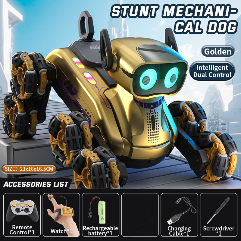 Interactive Robot Dog with Voice Recognition - Educational Smart Pet for Kids, STEM Learning Toy Double Eight-Wheel Robot Dog Gold Dual Remote Control [Standard with 1 Battery]