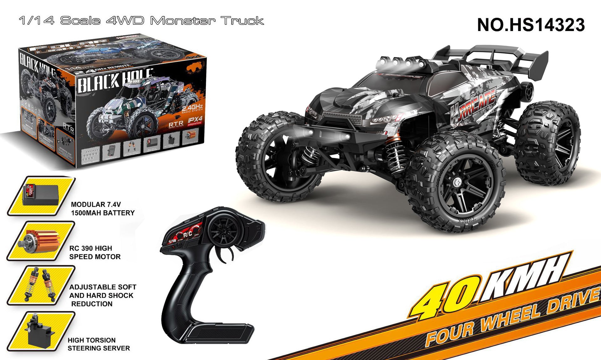 1/14 Scale Brushed Off-Road RC Car - 35KM/H 4WD All-Terrain Truck with 2.4G Proportional Control HS14323 with Brush Version 40KM H 1:14