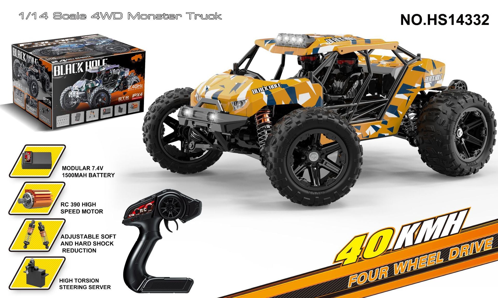 1/18 Scale Brushless Off-Road RC Truck - 45KM/H 4WD Rock Crawler with Oil Shocks HS14332 Brushed Version 40KM H