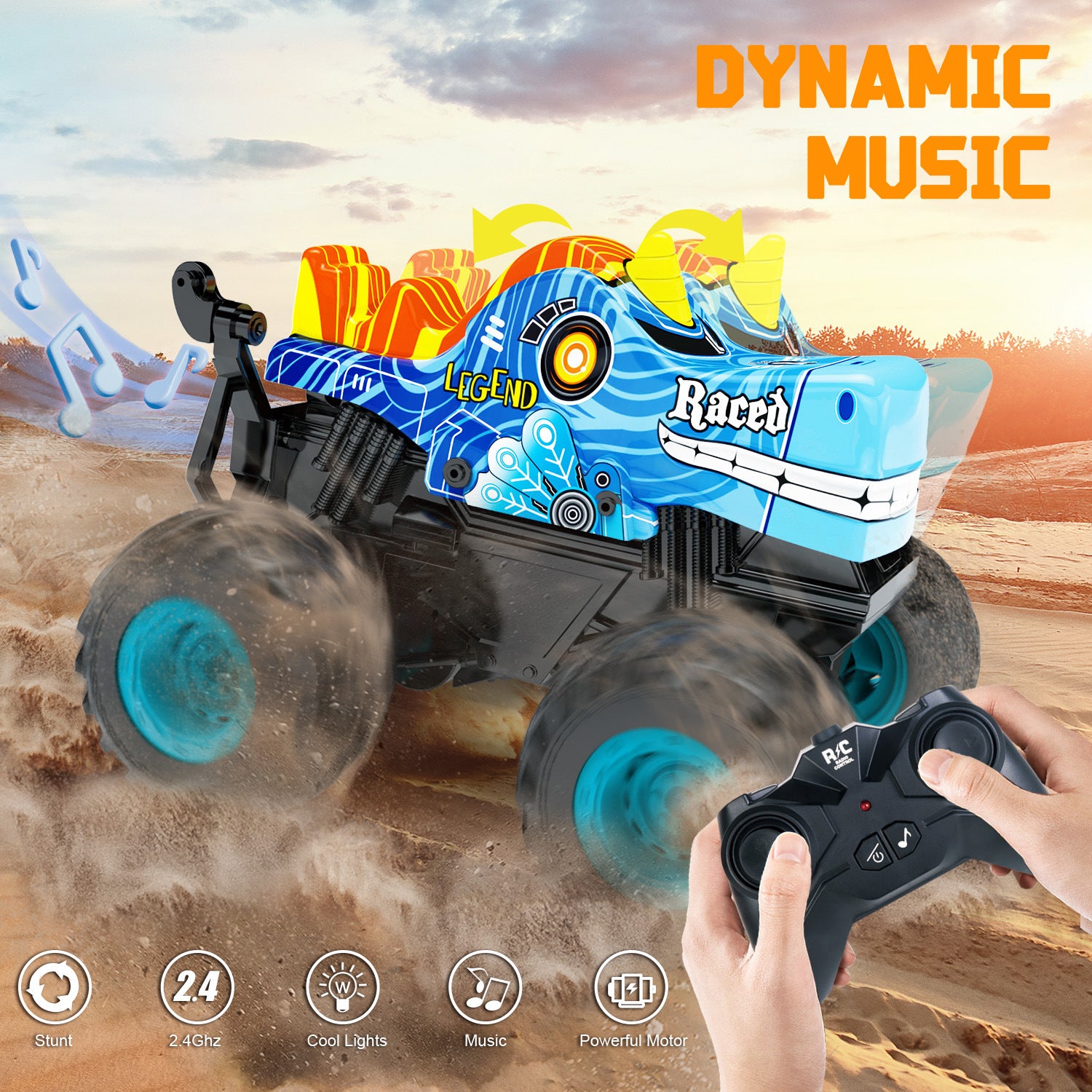 Dancing LED RC Stunt Car | Upright Spinning 4x4 Off-Roader with Music | Big Wheel Remote Toy for Kids