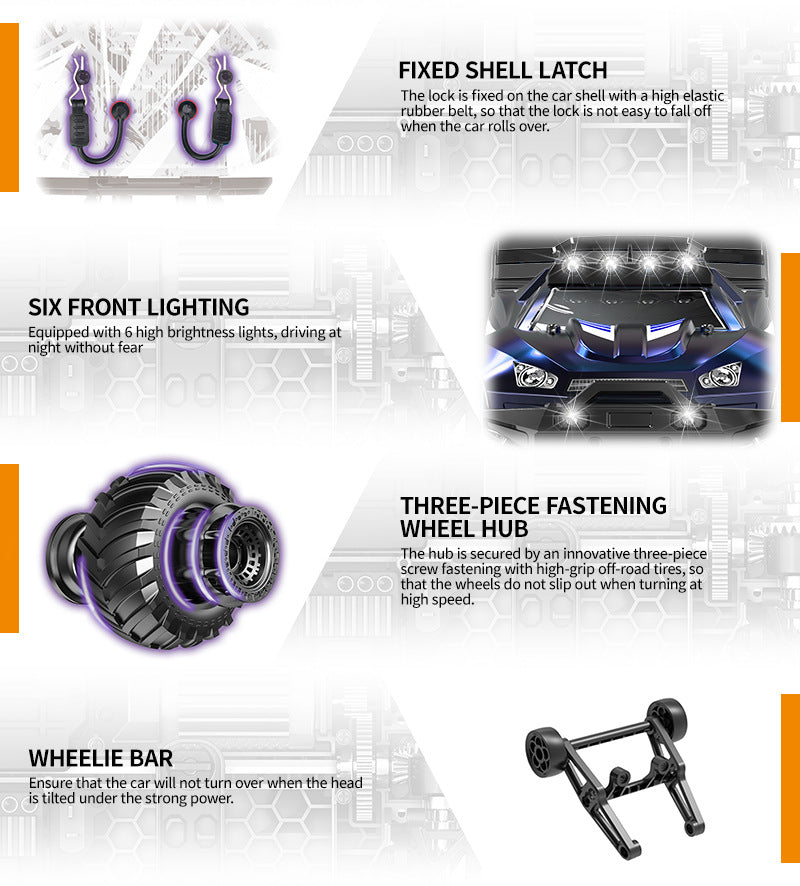 1/14 Scale 70KM/H Brushless Monster Truck - 4WD Off-Road RC Car with Oil Shocks & Anti-Flip Cage