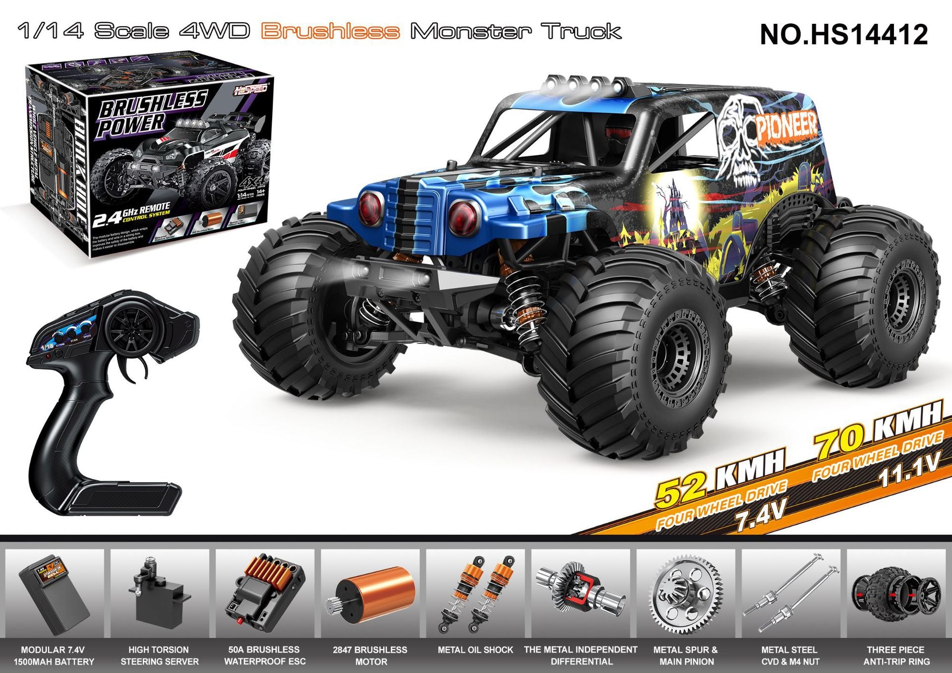 1/14 Scale 70KM/H Brushless Monster Truck - 4WD Off-Road RC Car with Oil Shocks & Anti-Flip Cage HS14412 Brushless Hydraulic Shock Absorption Version 52-70KM H 1:14