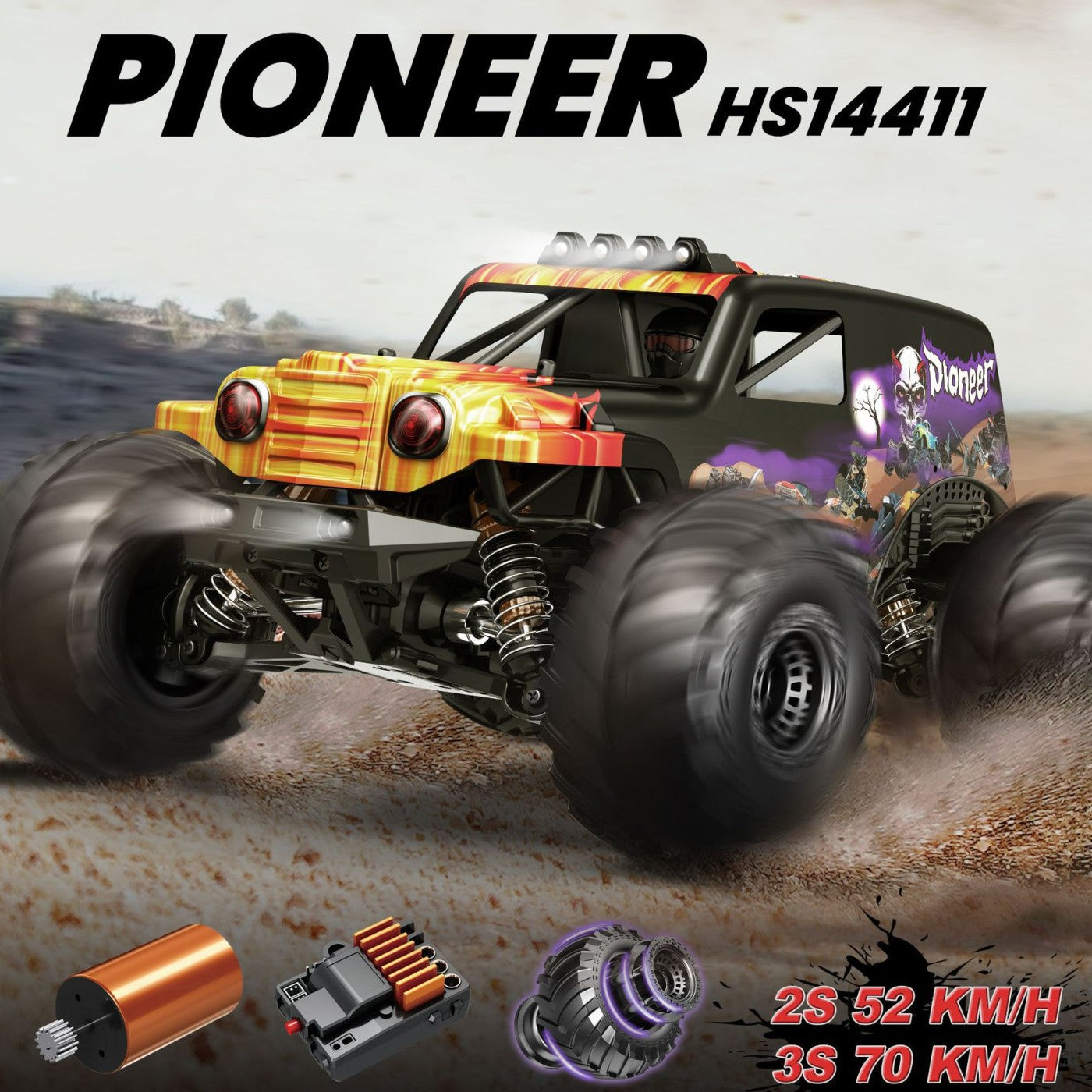 1/14 Scale 70KM/H Brushless Monster Truck - 4WD Off-Road RC Car with Oil Shocks & Anti-Flip Cage