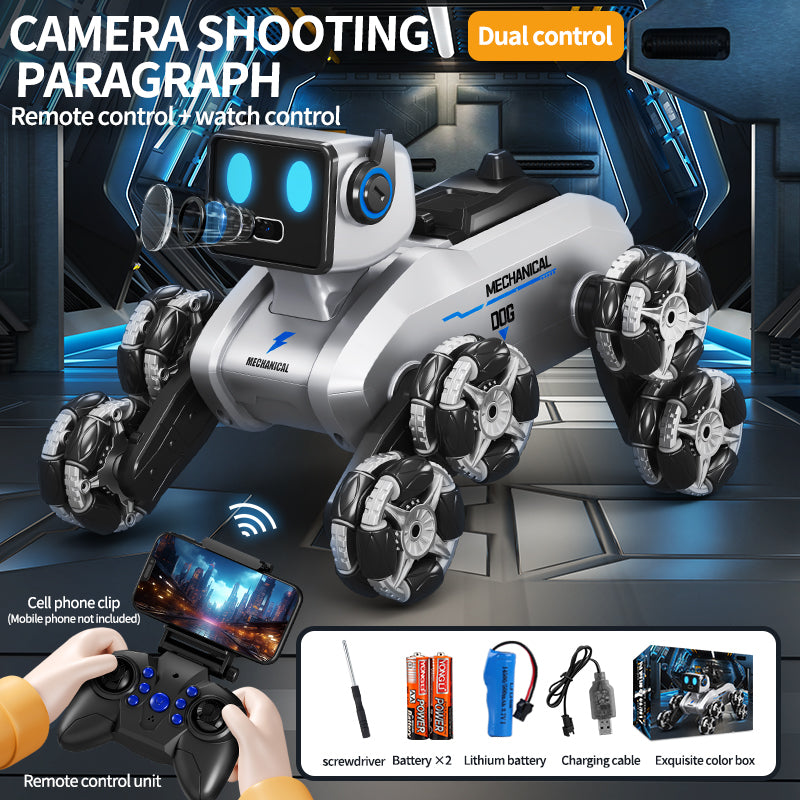 Robotic Dog with Water Capsule Game System - Camera,Remote Control Transforming Robot Dog - Gel Capsule Launcher, Gesture Control & 8-Wheel Stunts Ages 10+ Real-time Surveillance Camera [Handle + Mobile Remote Control]