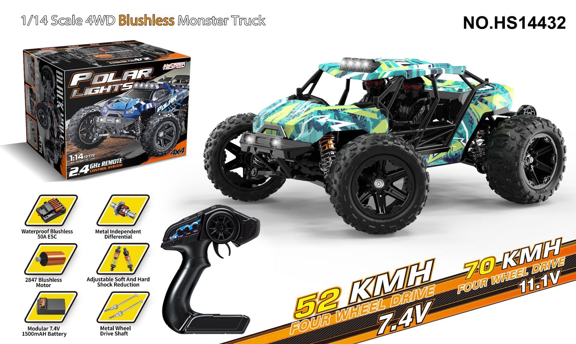 1/18 Scale Brushless Off-Road RC Truck - 45KM/H 4WD Rock Crawler with Oil Shocks HS14432 brushless version 52-70KM H