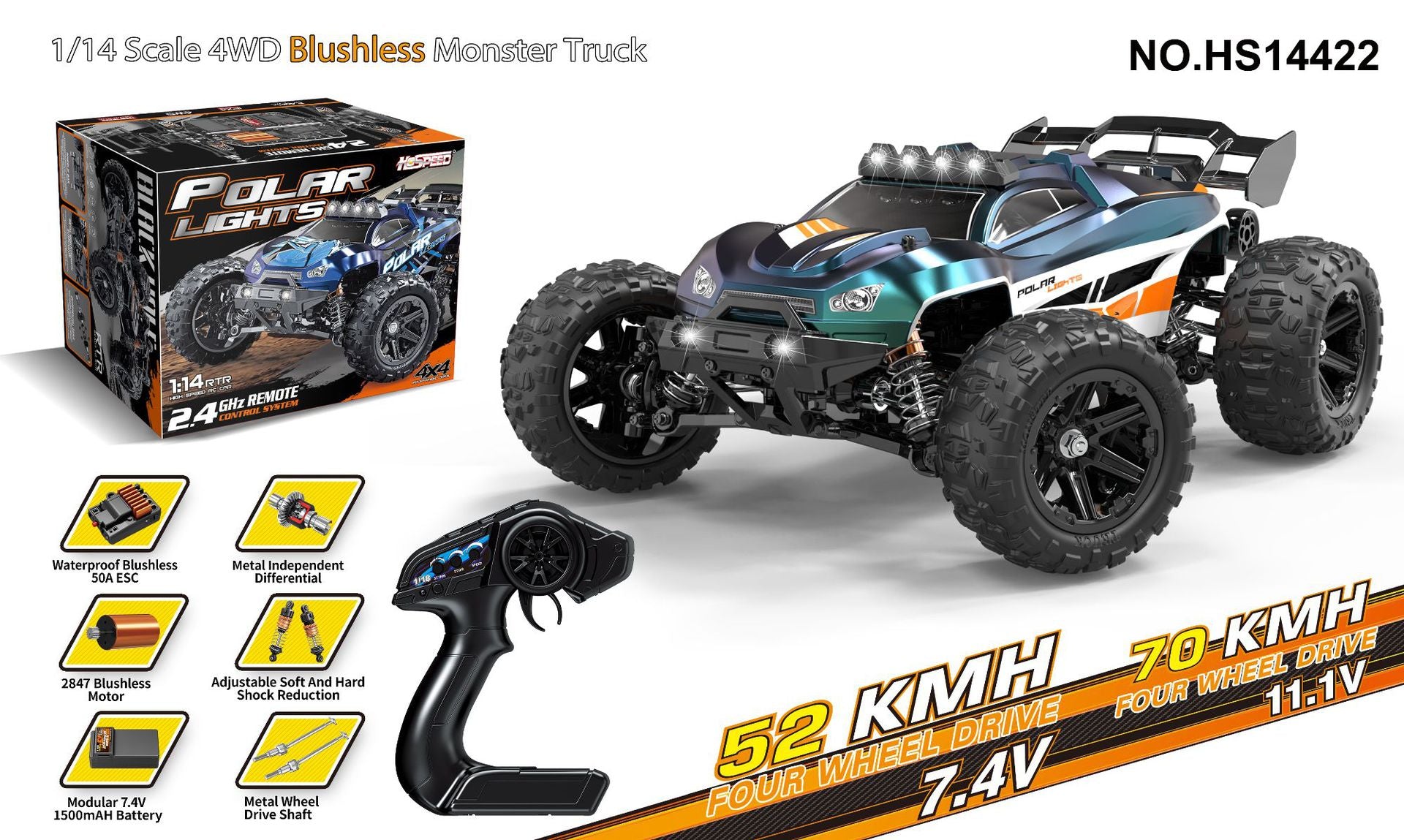 1/14 Large Scale Brushless RC Car - 50+ KM/H High Speed, 4WD Off-Road Remote Control Truck with Full Proportional Steering HS14422 brushless version 52-70KM H 1:14