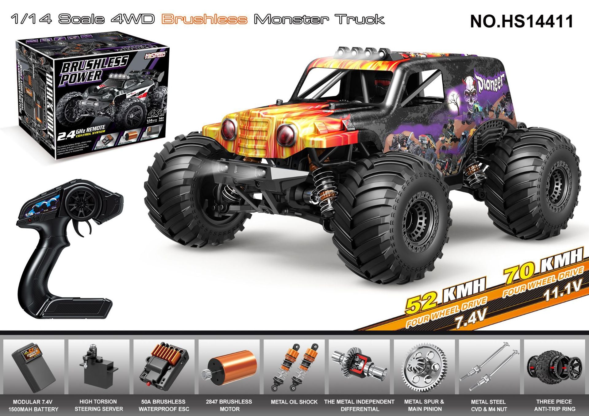1/18 Scale Brushless Off-Road RC Truck - 45KM/H 4WD Rock Crawler with Oil Shocks HS14411 Brushless Hydraulic Shock Absorption Version 52-70KM H