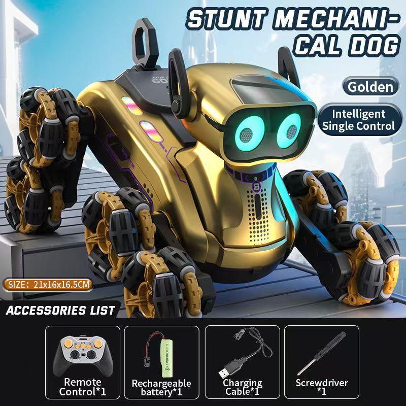 Interactive Robot Dog with Voice Recognition - Educational Smart Pet for Kids, STEM Learning Toy Double Eight-Wheel Robot Dog Gold Single Remote Control [Standard with 1 Battery]