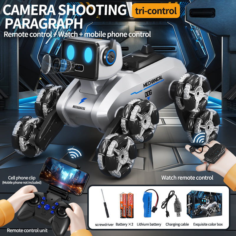 Robotic Dog with Water Capsule Game System - Camera,Remote Control Transforming Robot Dog - Gel Capsule Launcher, Gesture Control & 8-Wheel Stunts Ages 10+ Real-time Surveillance Camera [Handle + Mobile Remote Control + Watch]