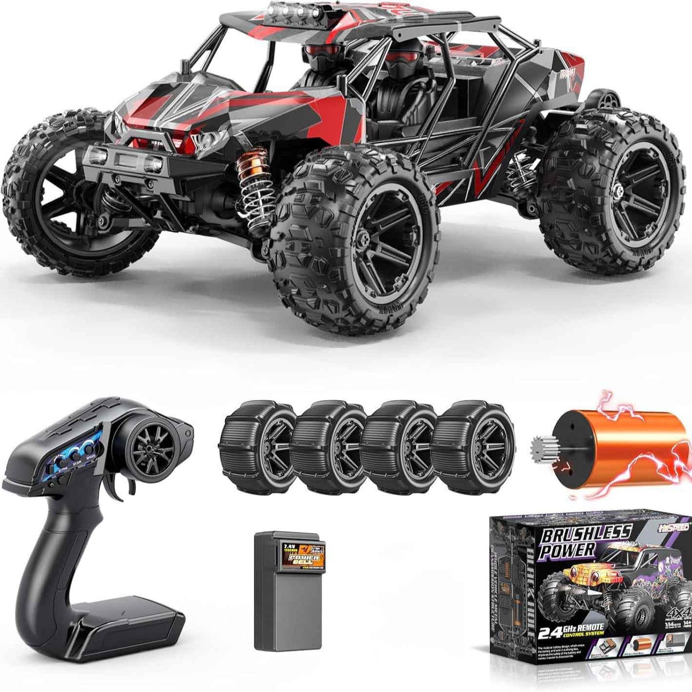 1/14 Large Scale Brushless RC Car - 50+ KM/H High Speed, 4WD Off-Road Remote Control Truck with Full Proportional Steering