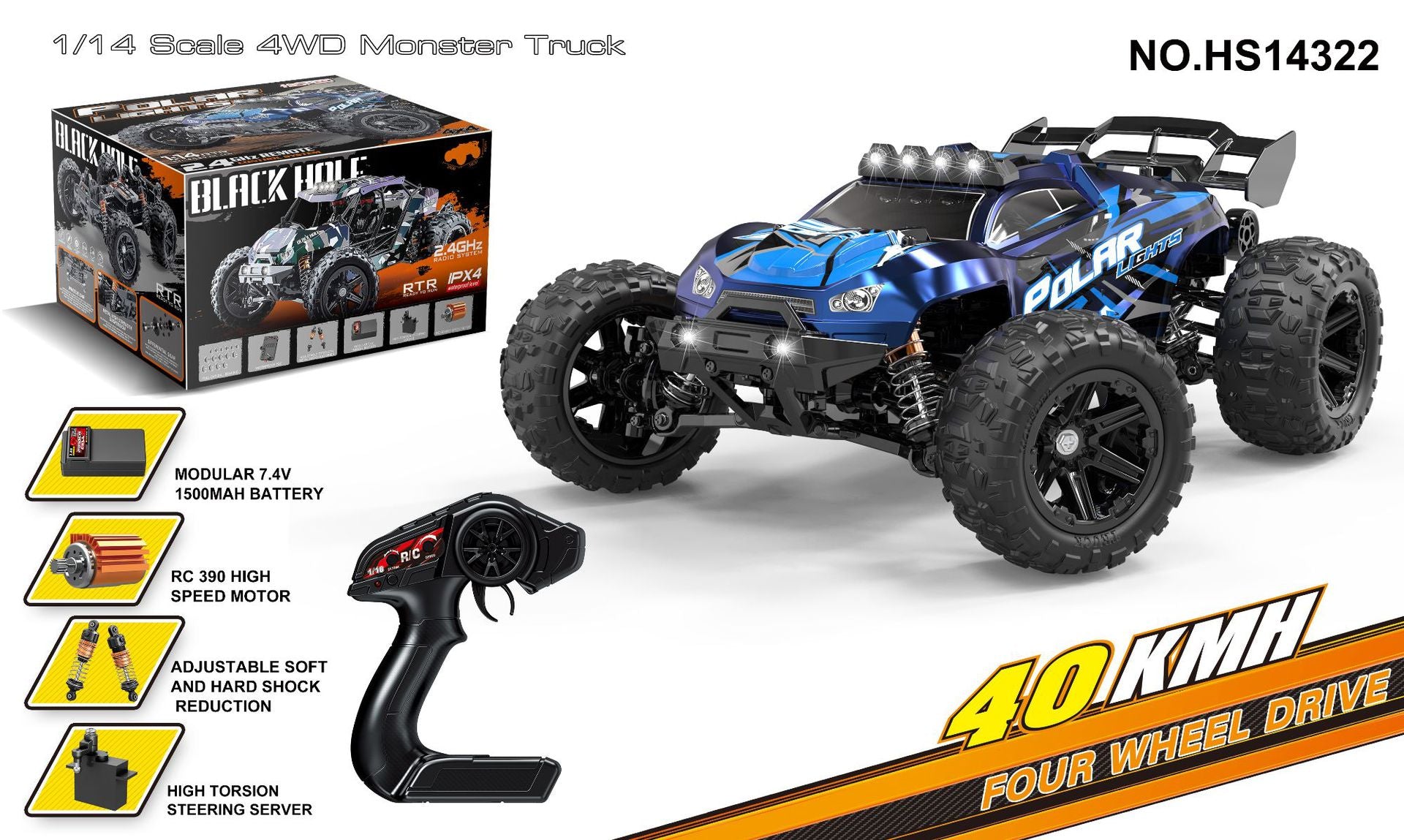 1/14 Scale Brushed Off-Road RC Car - 35KM/H 4WD All-Terrain Truck with 2.4G Proportional Control HS14322 Brushed Version 40KM H 1:14