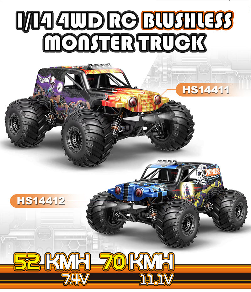1/14 Scale 70KM/H Brushless Monster Truck - 4WD Off-Road RC Car with Oil Shocks & Anti-Flip Cage